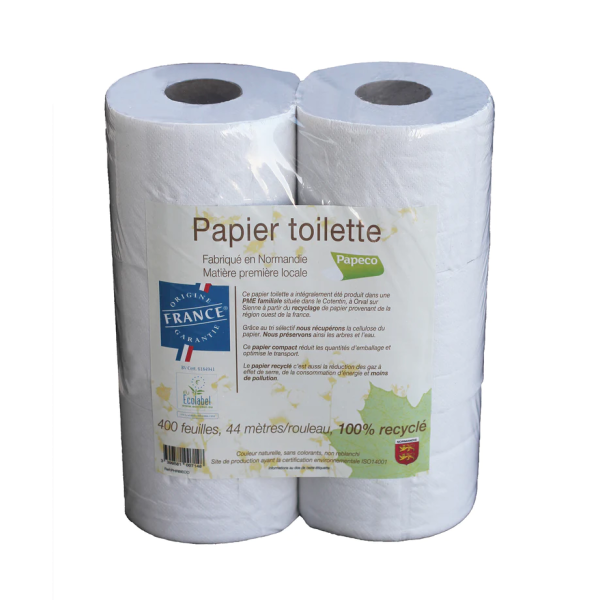 Papier toilette recyclé français écolabel 6 rouleaux (400 feuilles chacun) - Papeco