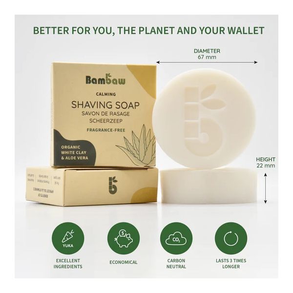 Savon de Rasage sans parfum - Argile Blanche & Aloe Vera Bio - 80g - Bambaw