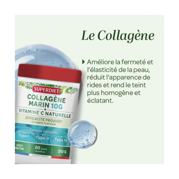 Collagène Marin 10g + Vitamine C naturelle poudre - Peau, Os, Articulations, cartilages & muscles - 210g - SUPERDIET