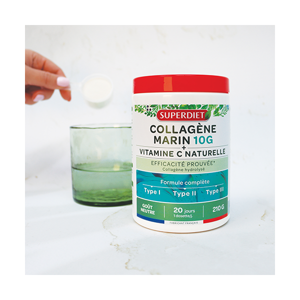 Collagène Marin 10g + Vitamine C naturelle poudre - Peau, Os, Articulations, cartilages & muscles - 210g - SUPERDIET